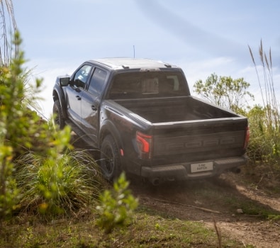 F-150 Raptor negra en la arena vista desde atrás